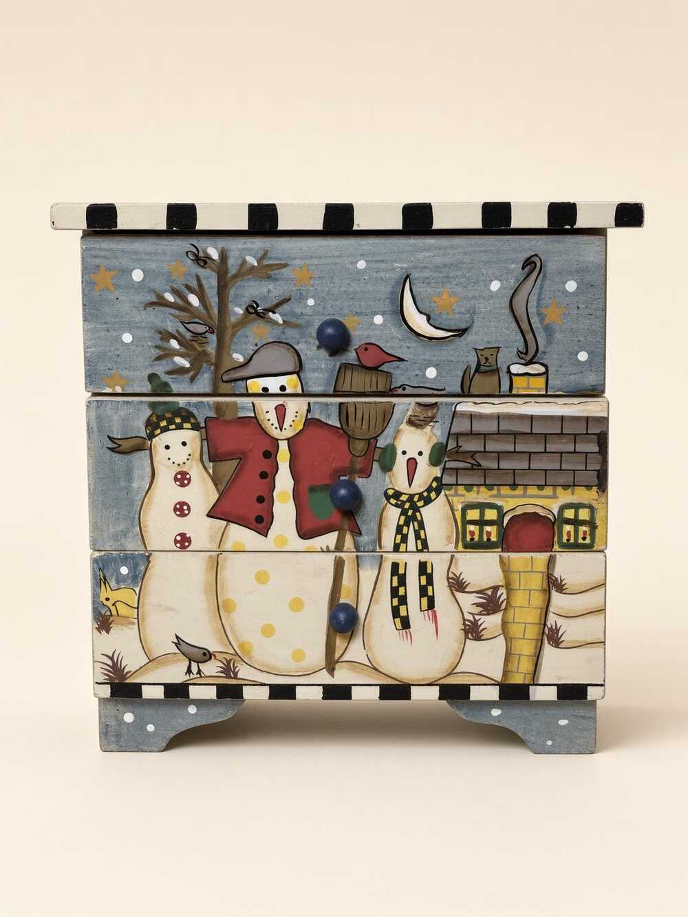 Painted Snowman Mini Chest, Folk Art Wood Drawers, Winter Cabin Scene